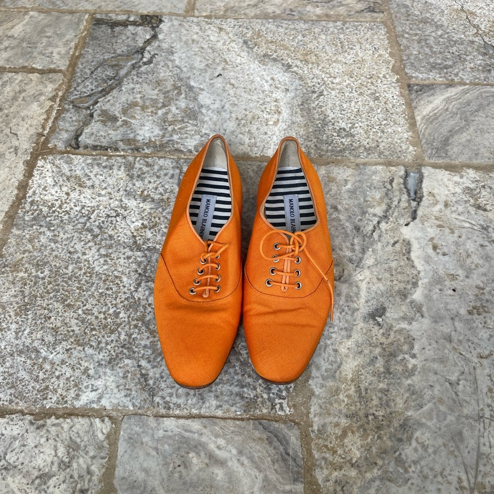 Manolo Blahnik Orange Lace Up Flats Size 7